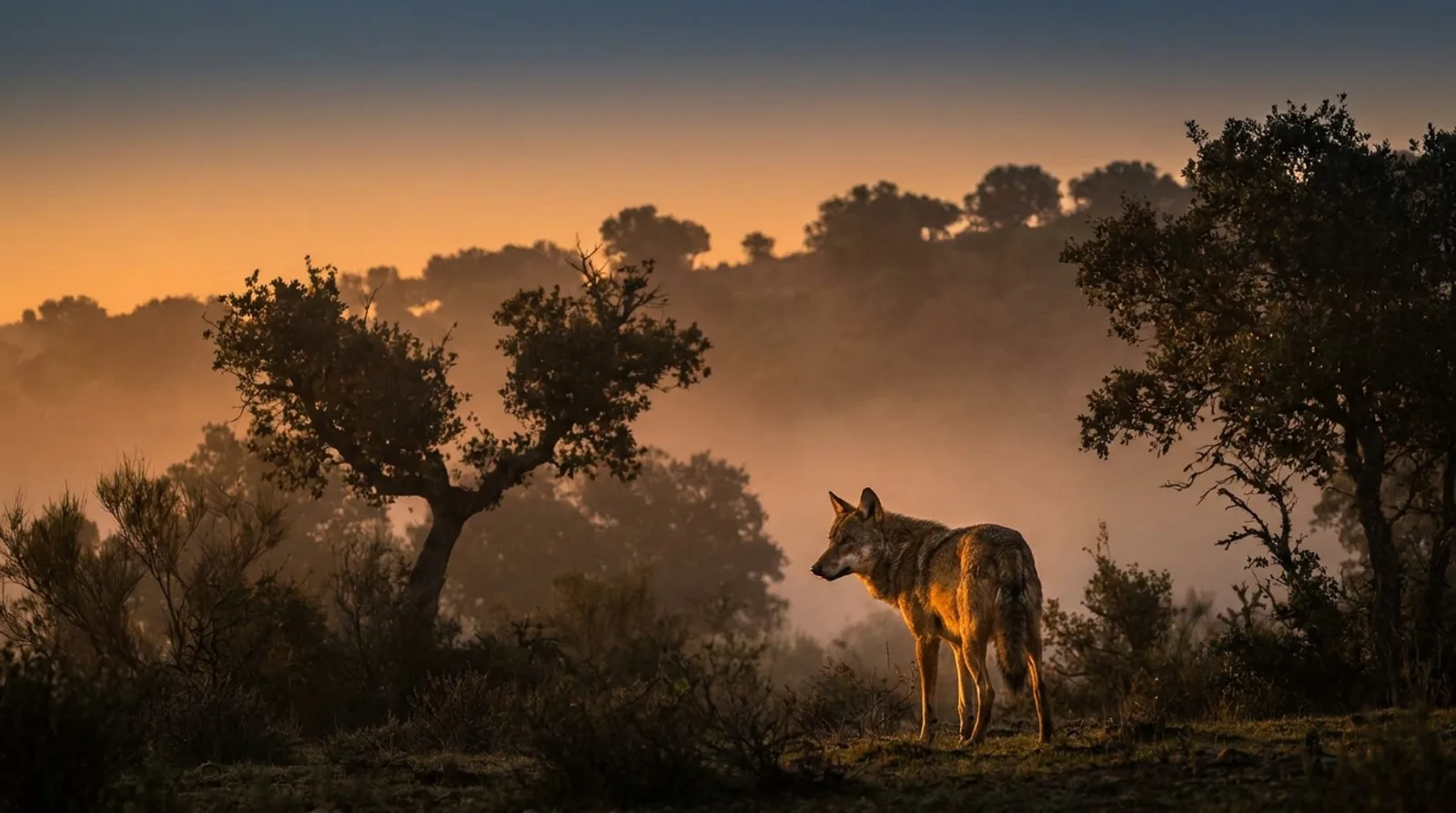 Lobo ibérico al atardecer en una ladera castellana