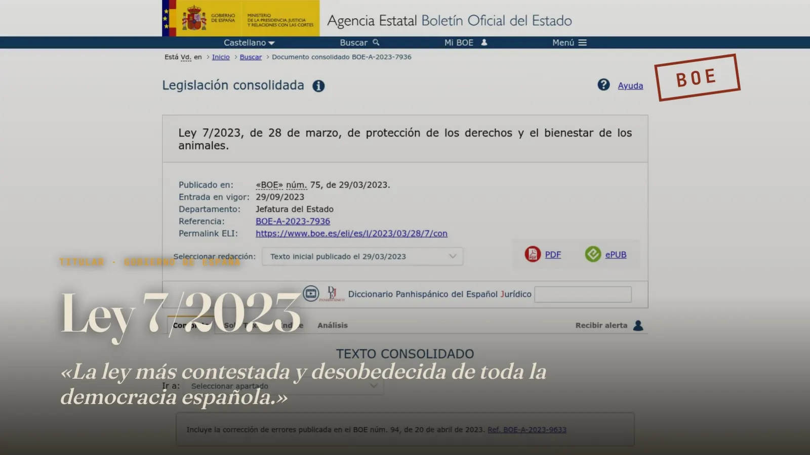 Diapositiva 4: Ley 7/2023 — sello BOE